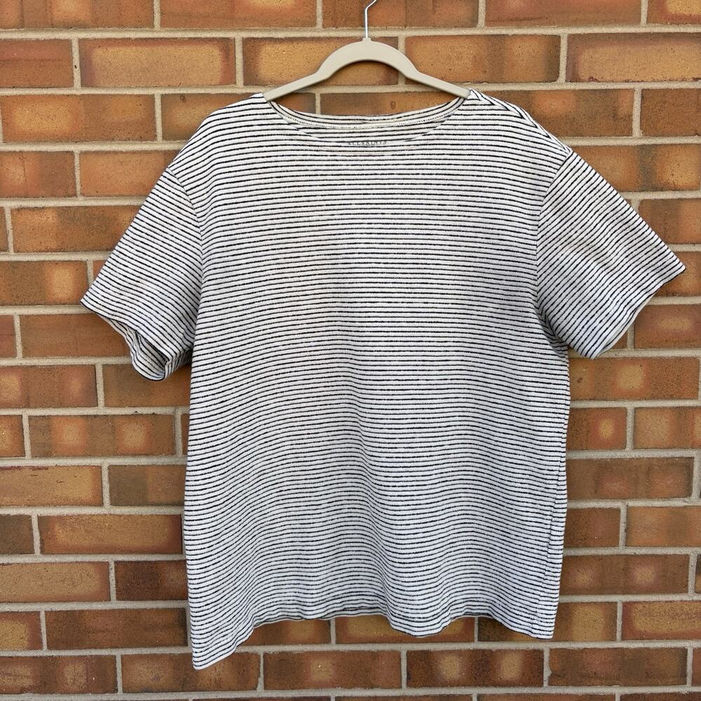 AllSaints London Mens M White Black Striped Short Sleeve Tee Shirt Cotton